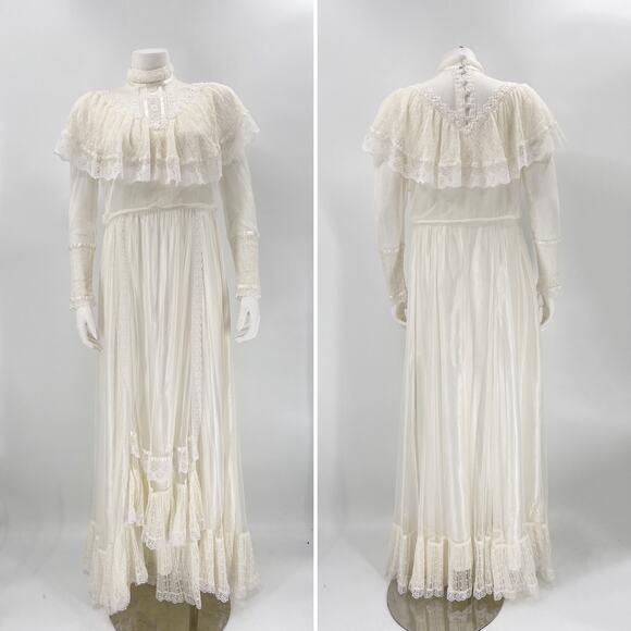 Gunne Sax White Ivory Lace Gown Maxi Bridal High Neck Ruffle Buttons - Picture 1 of 8